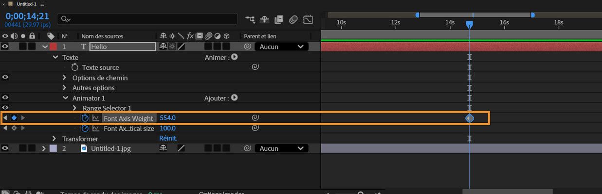 Le panneau Montage affiche les images clés pour la propriété Poids de l’axe de police du calque de texte.