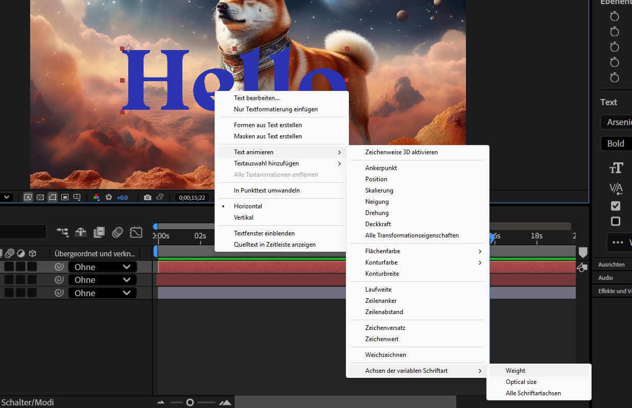 Im Bedienfeld „Komposition“ ist Text markiert und das Menü „Text animieren“ ist geöffnet.