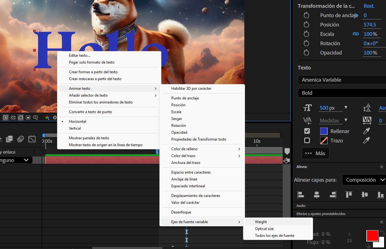 El texto se resalta en el panel Composición y se abre el menú Animar texto.
