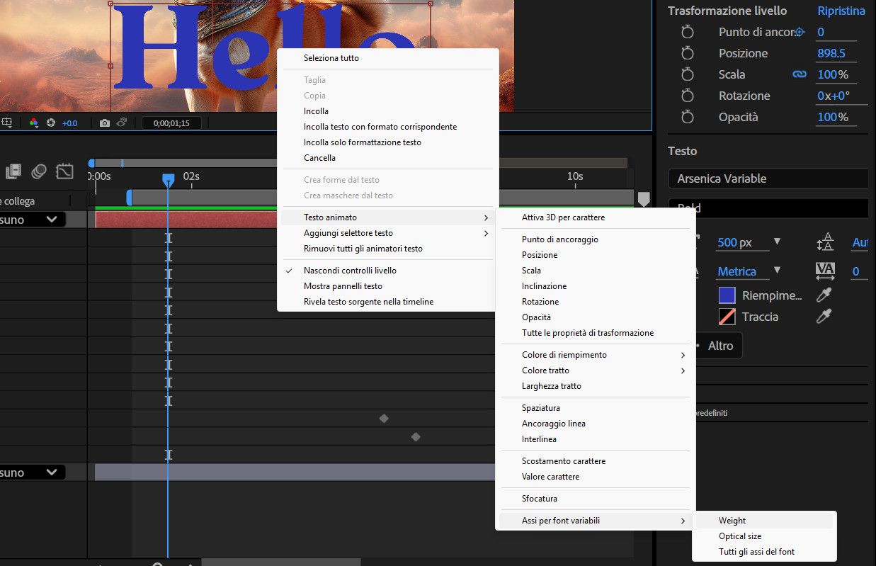 Il testo è evidenziato nel pannello Composizione e il menu Anima testo è aperto.