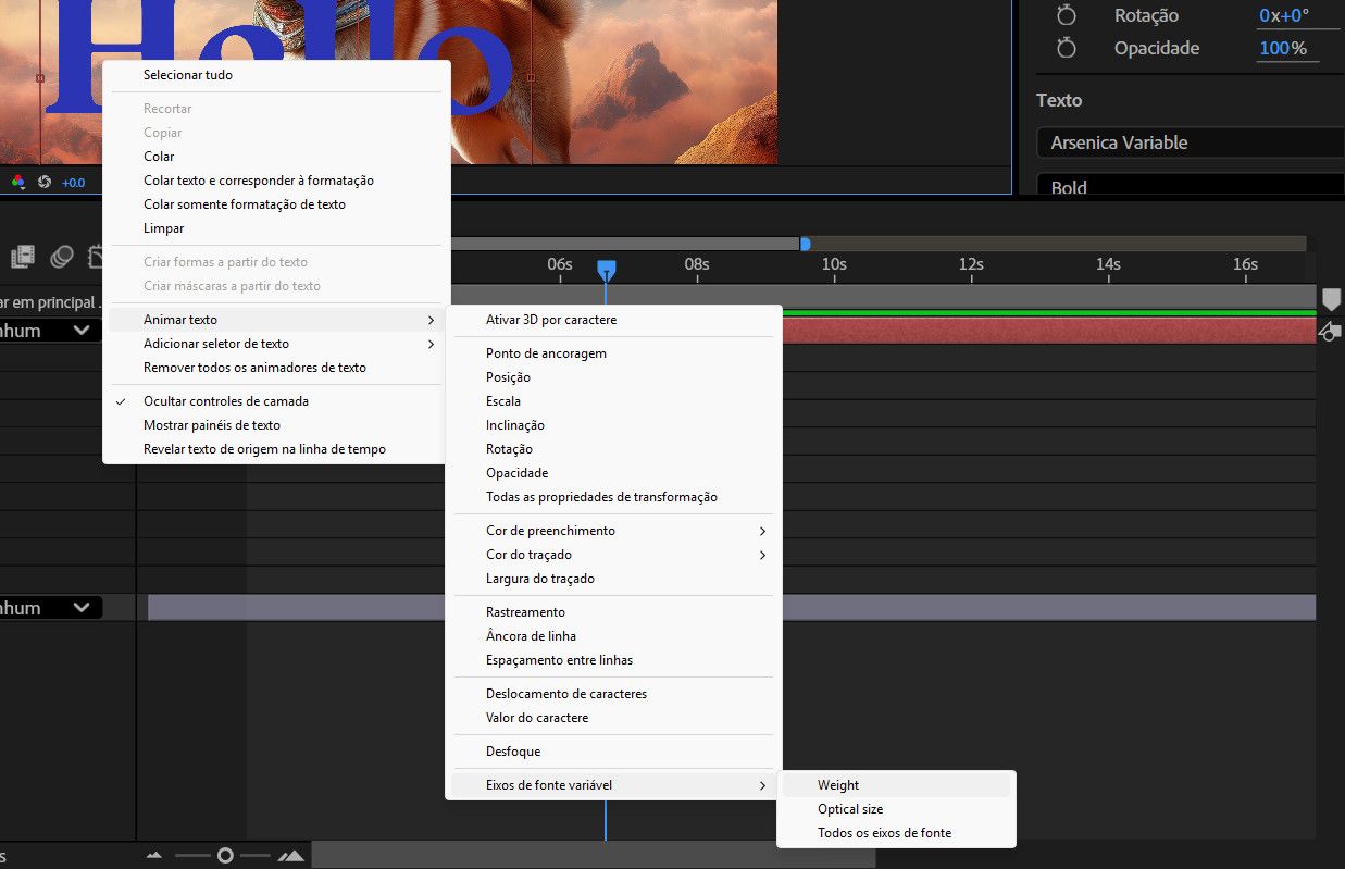 O texto está realçado no painel “Composição”, com o menu “Animar texto” aberto.