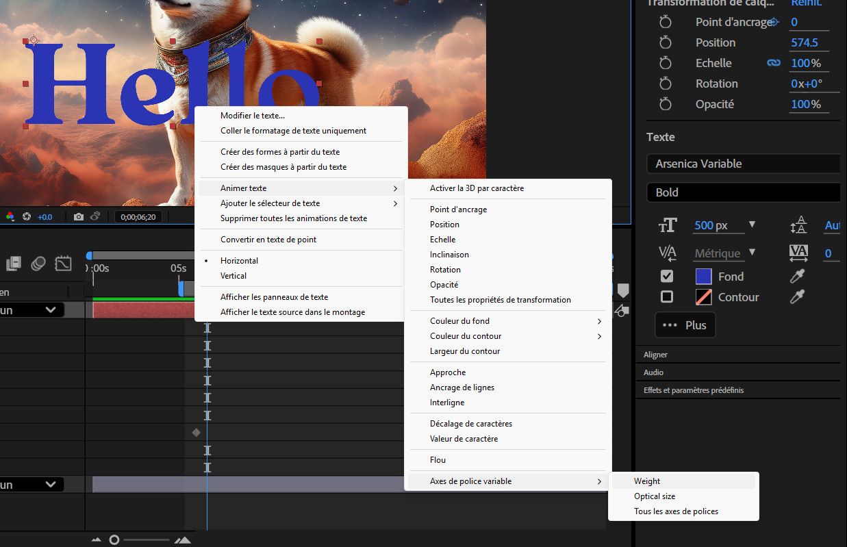 Le texte est mis en surbrillance dans le panneau Composition et le menu Animer le texte est ouvert.