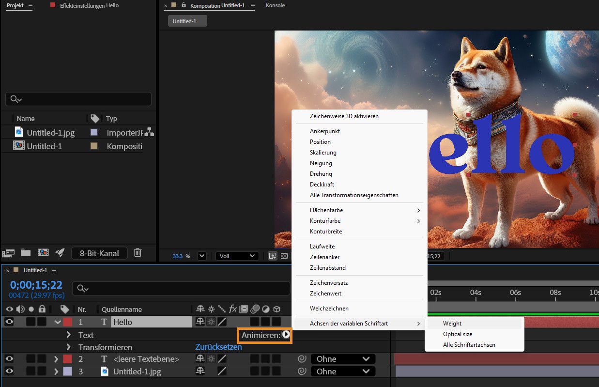 Die Option „Animieren“ für die Textebene ist geöffnet und „Achsen der variablen Schriftart“ ist ausgewählt.