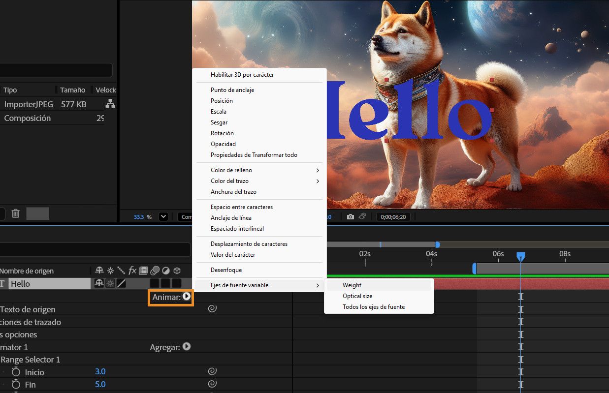 La opción Animar de la capa de texto está abierta y la opción Ejes de fuente variable aparece seleccionada.