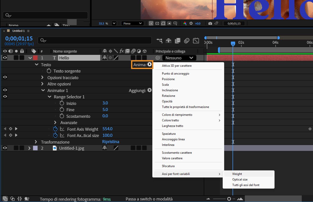 L’opzione Anima per il livello di testo è aperta e Assi dei font variabili è selezionato.