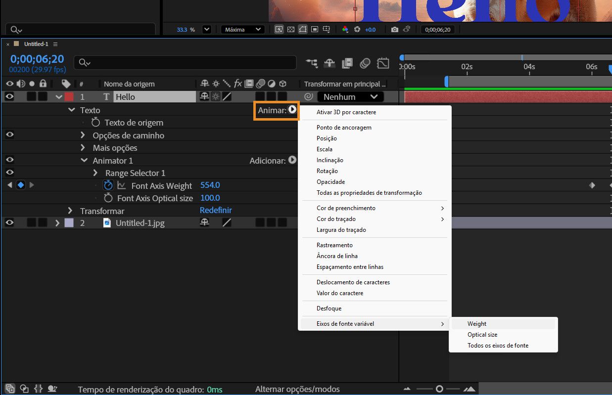 A opção de animar da camada de texto está aberta, com os eixos de fontes variáveis selecionados.