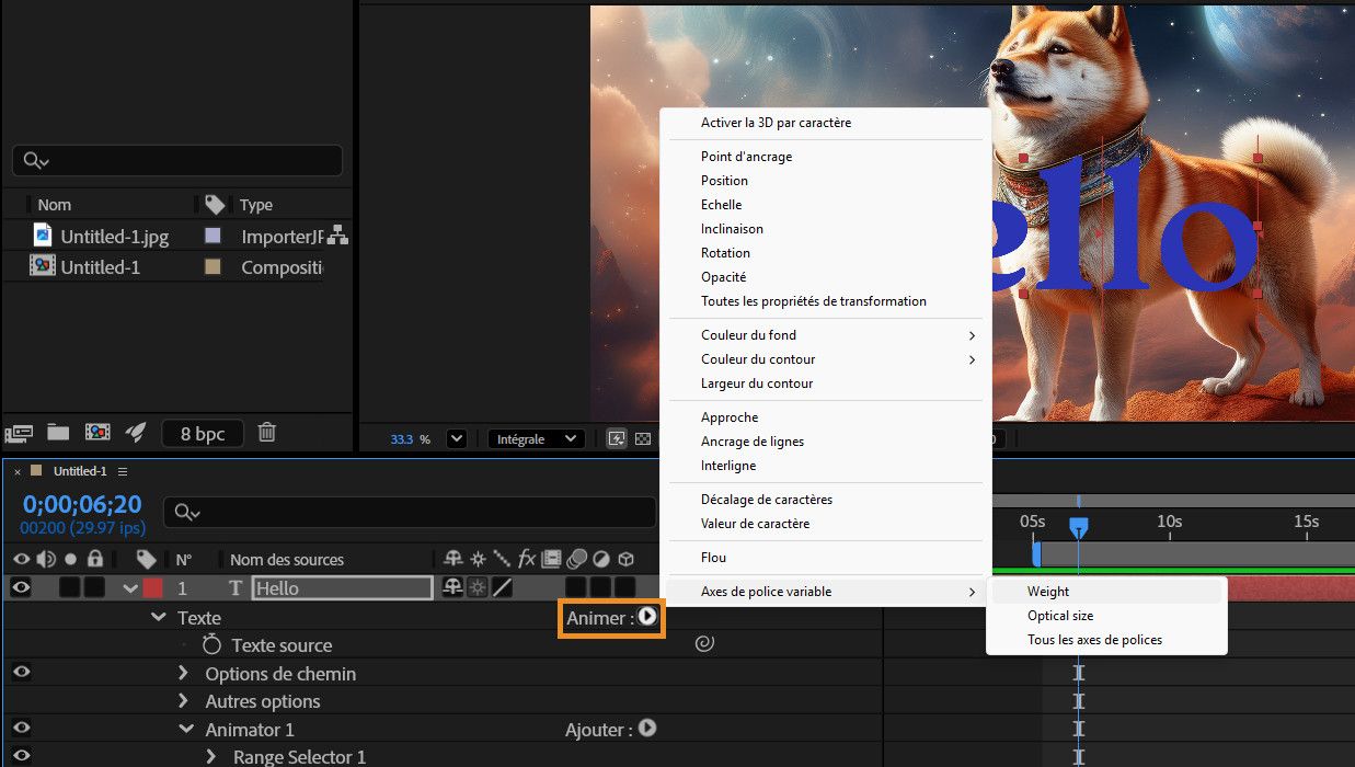 L’option Animer pour le calque de texte est ouverte et Axes de police variable est sélectionné.