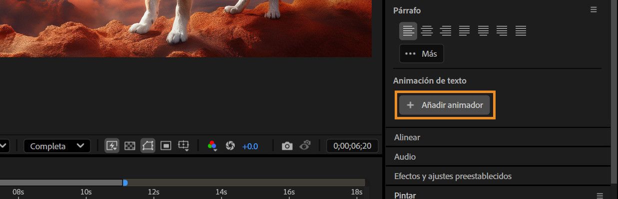 El botón Añadir animador está seleccionado en el panel Propiedades.