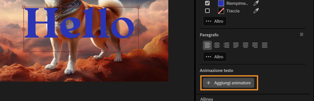 Il pulsante Aggiungi animatore è selezionato nel pannello Proprietà.