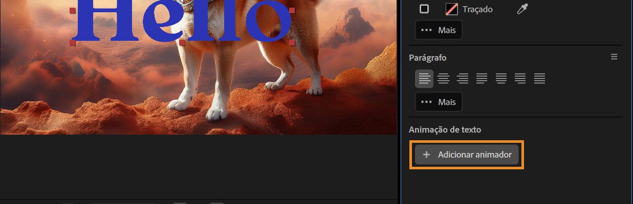 O botão Adicionar animador está selecionado no painel Propriedades.
