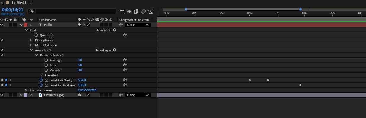 Im Bedienfeld „Zeitleiste“ wird die Hierarchie angezeigt, wenn du einen Animator für die Achse der variablen Schriftart hinzufügst.
