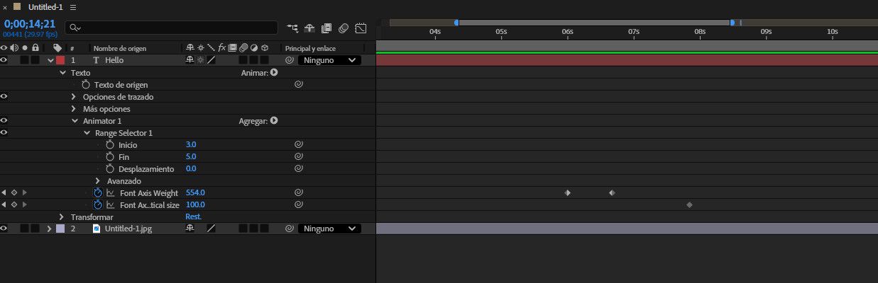 El panel Cronología muestra la jerarquía cuando añade un animador de eje de fuente variable.