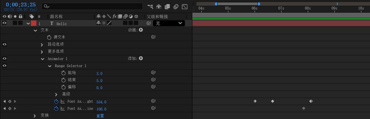 添加变量字体轴动画器时，“时间轴”面板会显示层次结构。