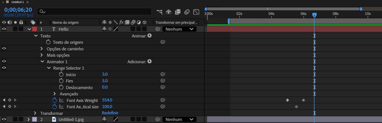O painel “Linha do tempo” exibe a hierarquia quando você adiciona um animador de eixo de fonte variável.