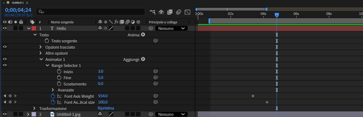 Il pannello Timeline visualizza la gerarchia quando aggiungi un animatore di assi dei font variabili.