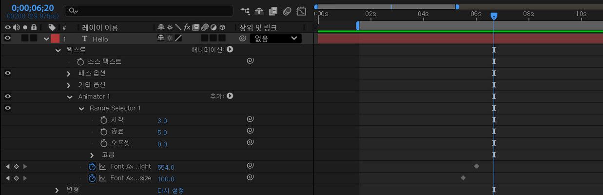 가변 글꼴 축 애니메이터를 추가할 때 타임라인 패널에 계층이 표시됩니다.