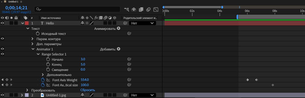 Панель «Временная шкала» отображает иерархию при добавлении аниматора оси меняющегося шрифта.