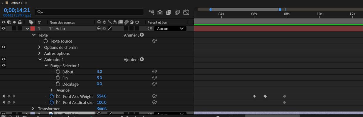 Le panneau Montage affiche la hiérarchie lorsque vous ajoutez une animation d’axe de police variable.