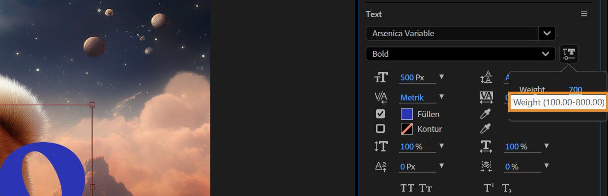 Beim Zeigen auf den Hypertext wird der von der Schriftart Font definierte Mindest- und Höchstwert angezeigt.