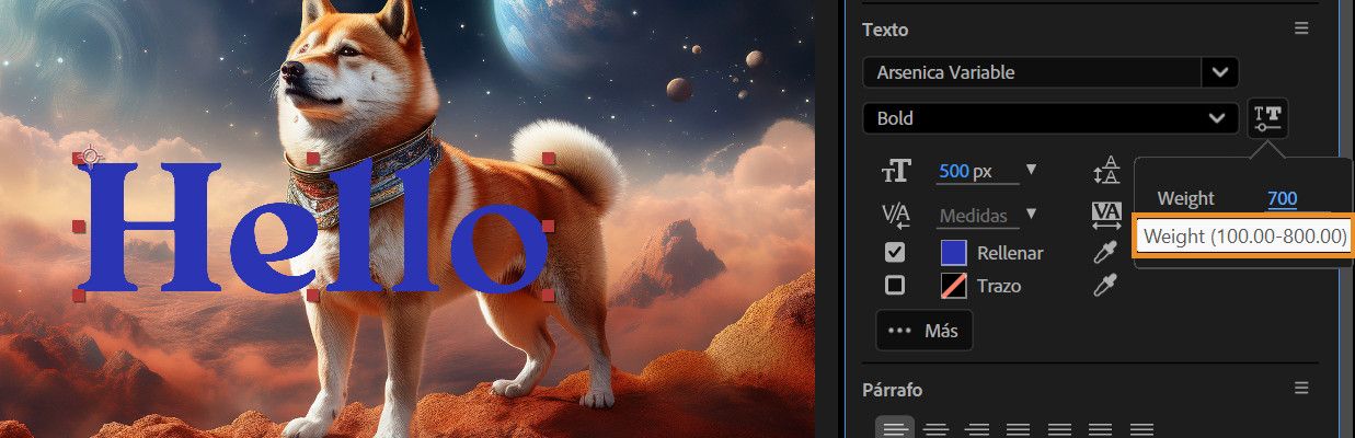 Al pasar el puntero por encima del texto dinámico se muestran los valores mínimo y máximo definidos por la fuente.
