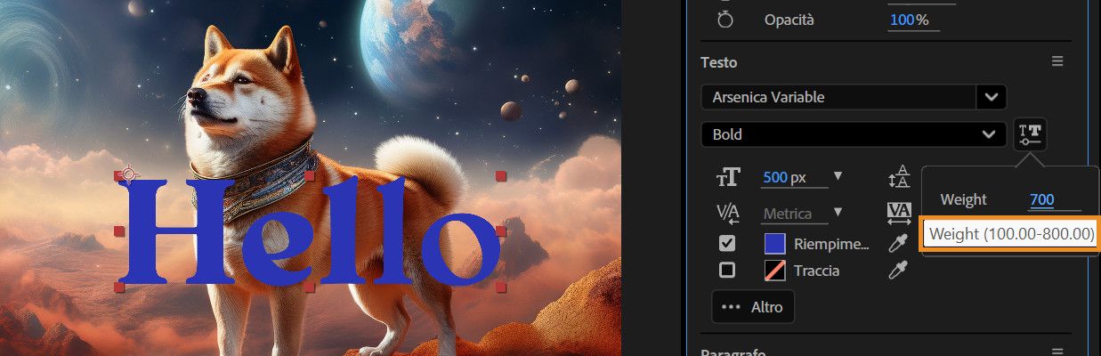 Passando il mouse sul testo attivo vengono mostrati il valore minimo e massimo definiti dal font.