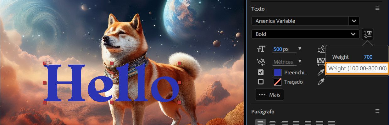 Passar o cursor do mouse sobre o texto ativo mostra os valores mínimo e máximo definidos pela fonte.