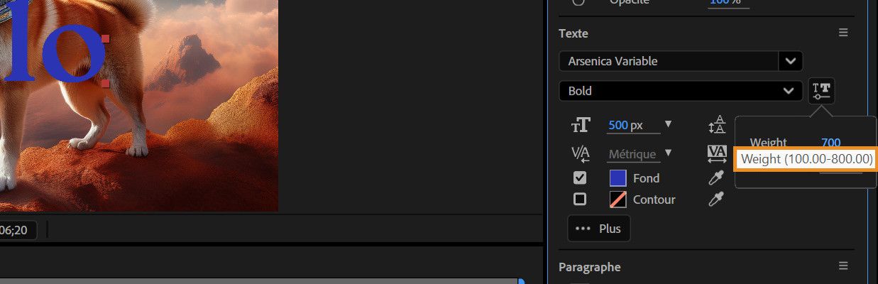 Pointez sur le texte actif pour afficher les valeurs minimale et maximale définies par la police.