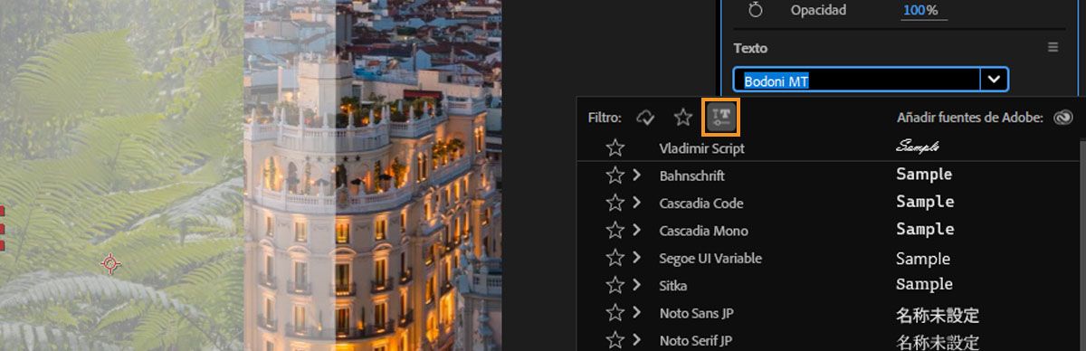 El menú desplegable Fuente está abierto, mostrando todas las fuentes disponibles, y el icono Mostrar fuentes variables está resaltado.