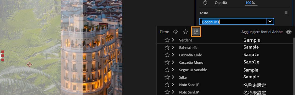Il menu a discesa Font è aperto, elenca tutti i font disponibili e l'icona Mostra font variabili è evidenziata.