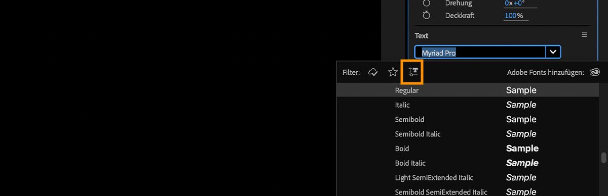Das Dropdown-Menü „Schriftart“ ist geöffnet, listet alle verfügbaren Fonts auf, und das Symbol „Variable Fonts anzeigen“ ist hervorgehoben.