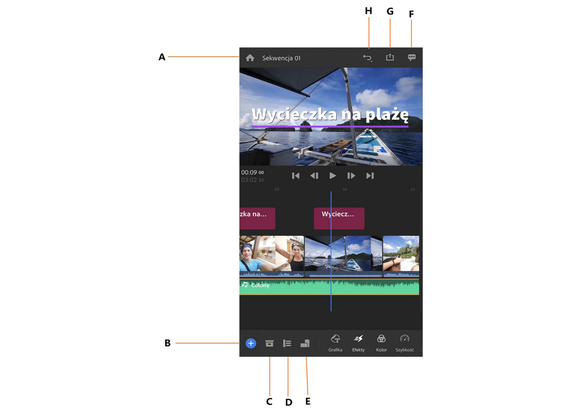 Przestrzeń robocza Edytuj programu Premiere Rush