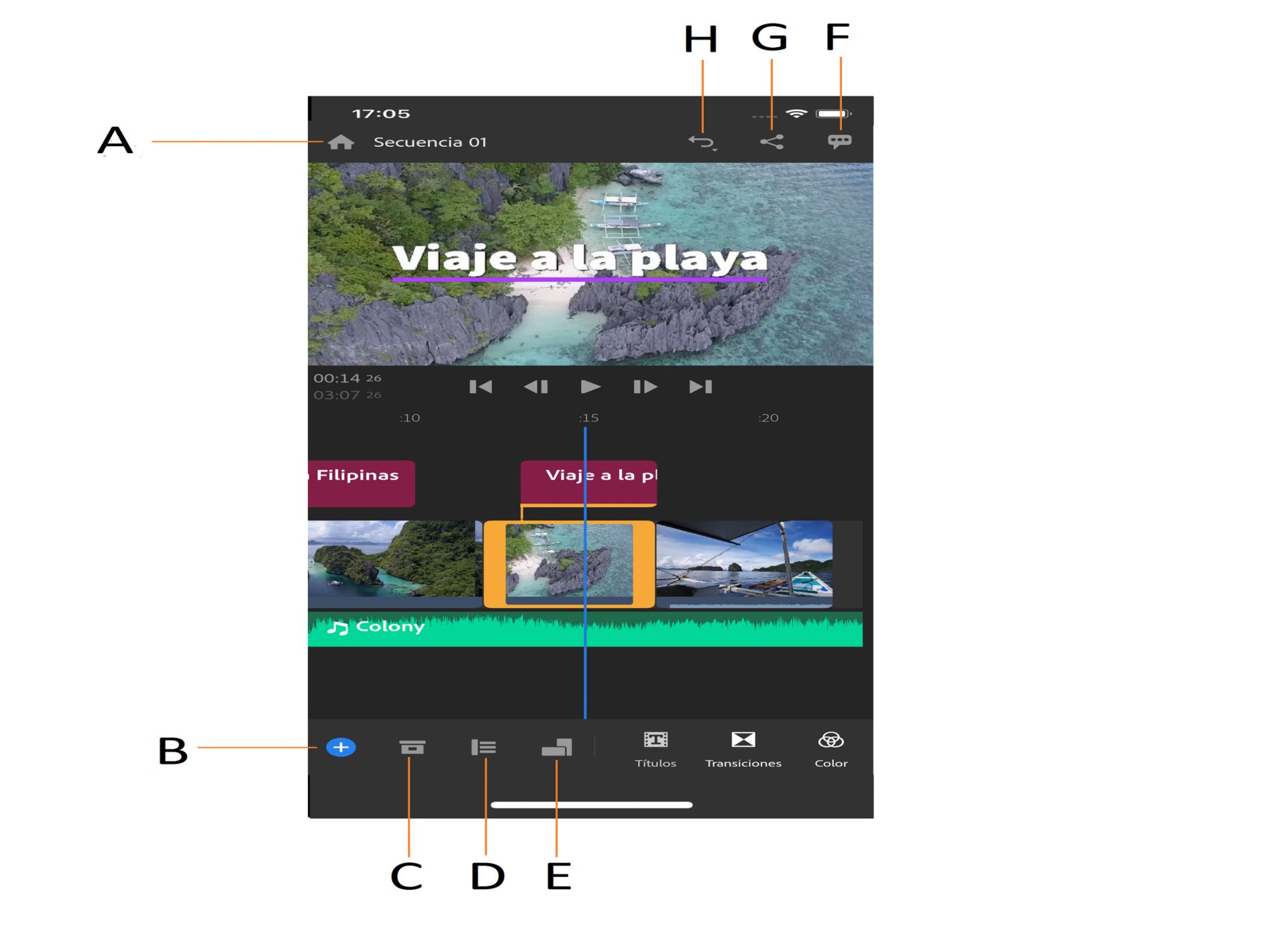 Espacio de trabajo Editar en Premiere Rush