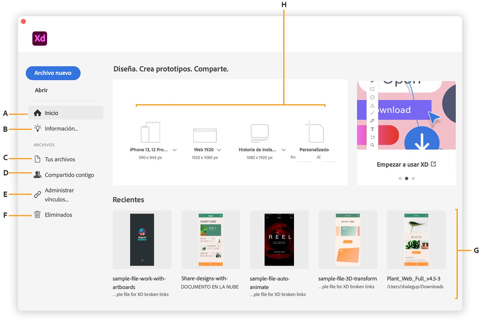 Pantalla de inicio de XD