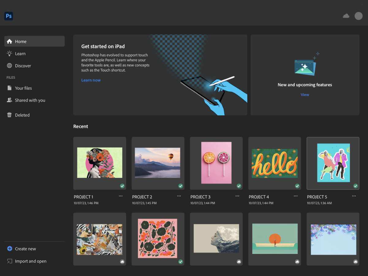 Het beginscherm van Photoshop op de iPad