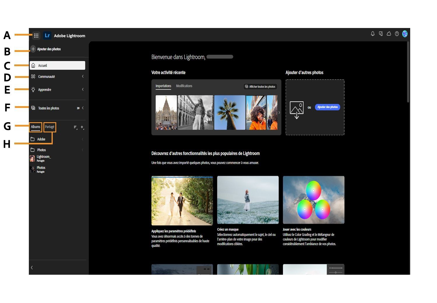 L’écran d’accueil de Lightroom s’affiche avec différentes options, comme Ajouter des photos, Accueil, Communauté, Formation, Toutes les photos, Albums et Partager.