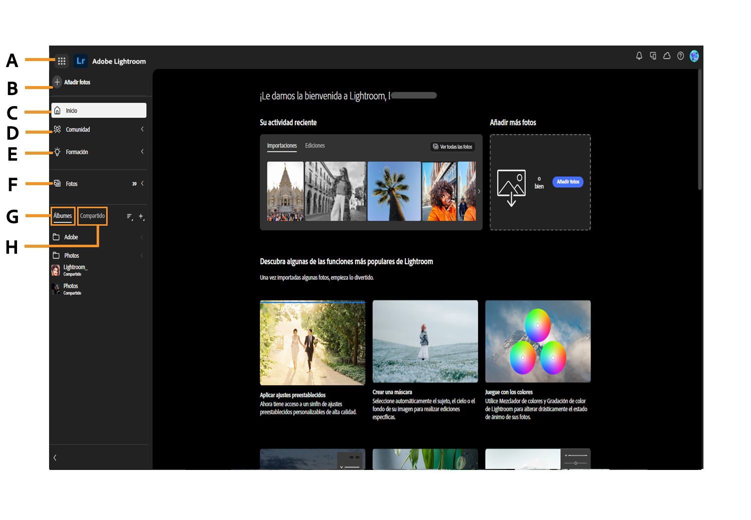 La pantalla de inicio de Lightroom se muestra con diferentes opciones, como Añadir fotos, Inicio, Comunidad, Formación, Todas las fotos, Álbumes y Compartido.
