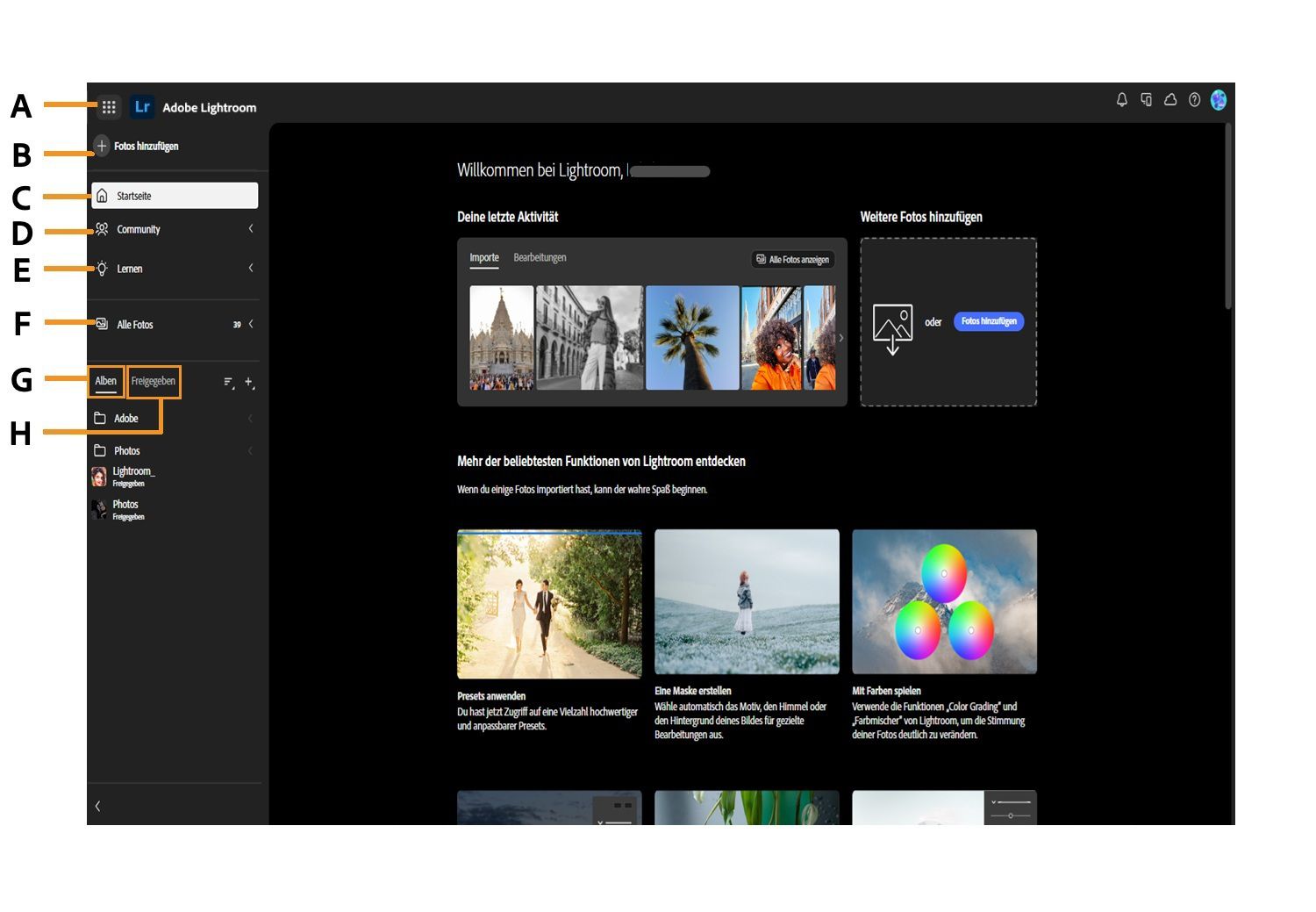 Startbildschirm von Lightroom mit verschiedenen Optionen wie „Fotos hinzufügen“, „Startseite“, „Community“, „Lernen“, „Alle Fotos“, „Alben“ und „Freigegeben“