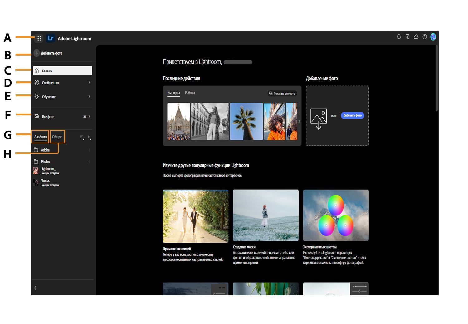 Отображается главная страница Lightroom с различными параметрами, например «Добавить фото», «Главная», «Сообщество», «Обучение», «Все фото», «Альбомы» и «Общие».
