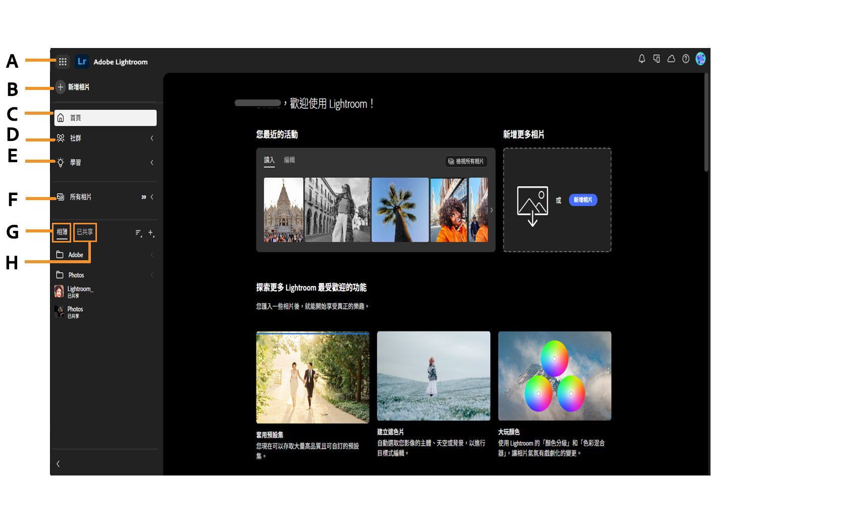 Lightroom 首頁畫面中顯示各種選項，如「新增相片」、「首頁」、「社群」、「學習」、「所有相片」、「相簿」，以及「已分享」。