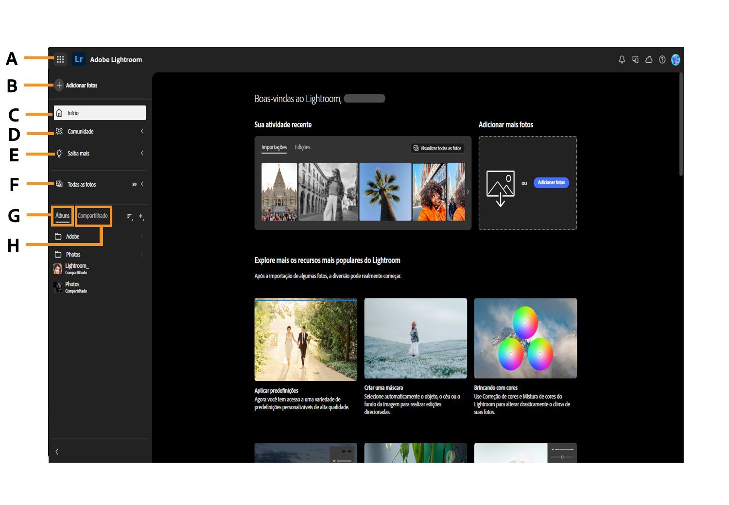 A tela inicial do Lightroom é exibida com diferentes opções, como Adicionar fotos, Página inicial, Comunidade, Aprender, Todas as fotos, Álbuns e Compartilhados.