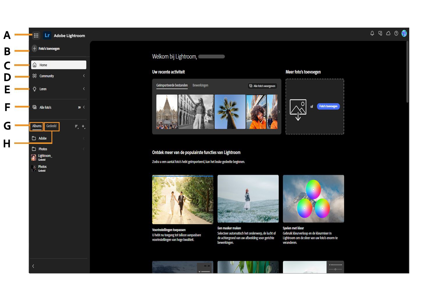 Het beginscherm van Lightroom toont verschillende opties, zoals Foto's toevoegen, Home, Community, Leren, Alle foto's, Albums en Gedeeld.