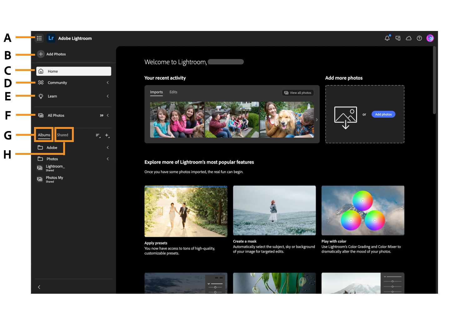 Lightroom home screen is displayed with different options such as Add Photos, Home, Community, Learn, All Photos, Albums, and Shared.