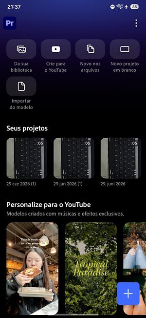 Edição da tela inicial com visualização de vídeo, controles de reprodução, linha do tempo com faixas de vídeo e áudio e barra de ferramentas de edição.