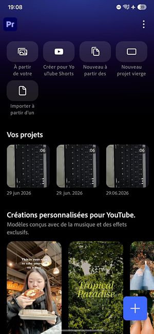Modification de l'écran d'accueil avec un aperçu vidéo, des contrôles de lecture, une chronologie avec des pistes vidéo et audio, et une barre d'outils de modification.