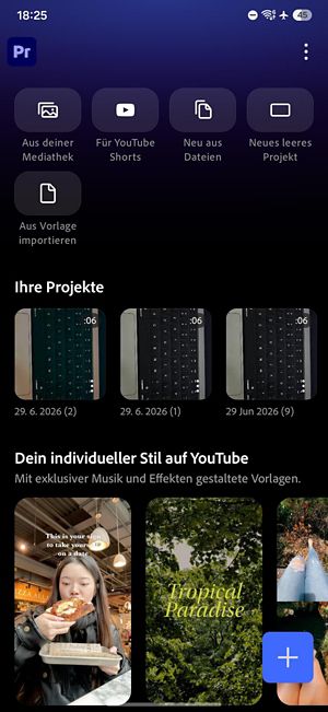 Bearbeitung der Startseite mit einer Videovorschau, Wiedergabesteuerungen, Timeline mit Video- und Audiospuren und einer Bearbeitungs-Symbolleiste.