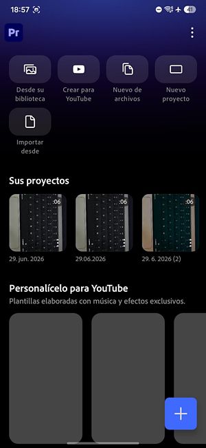 Edición de pantalla de inicio con previsualización de vídeo, controles de reproducción, cronología con pistas de vídeo y audio, y una barra de herramientas de edición.
