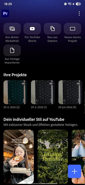 Die Startseite der App mit Buttons für den Zugriff auf Projekte, Anleitungen und Einstellungen.