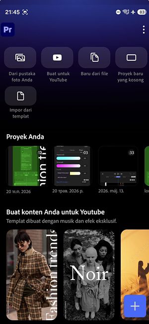 Layar beranda aplikasi dengan tombol untuk mengakses proyek, tutorial, dan pengaturan.