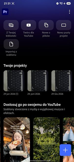 Ekran główny aplikacji z przyciskami umożliwiającymi dostęp do projektów, samouczków i ustawień.