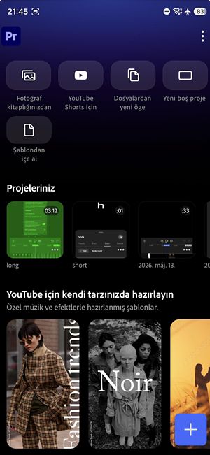 Projelere, eğitimlere ve ayarlara erişim sağlayan düğmelerin bulunduğu uygulamanın ana ekranı.